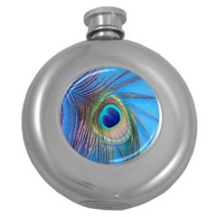 Nature Bird Wing Texture Animal Male Wildlife Decoration Pattern Line Green Color Blue Colorful Round Hip Flask (5 Oz) by Vaneshart