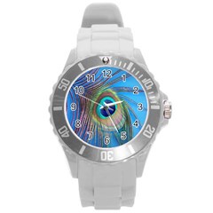 Nature Bird Wing Texture Animal Male Wildlife Decoration Pattern Line Green Color Blue Colorful Round Plastic Sport Watch (l) by Vaneshart