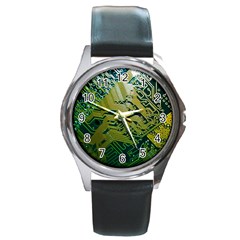 Laptop Computer Technology Leaf Line Green Biology Communication Electronics Illustration Informatio Round Metal Watch by Vaneshart