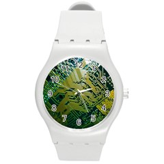 Laptop Computer Technology Leaf Line Green Biology Communication Electronics Illustration Informatio Round Plastic Sport Watch (m) by Vaneshart