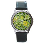 Texture Leaf Pattern Line Green Color Colorful Yellow Circle Ornament Font Art Illustration Design  Round Metal Watch Front