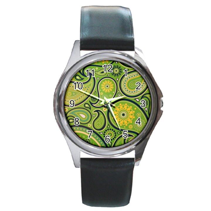 Texture Leaf Pattern Line Green Color Colorful Yellow Circle Ornament Font Art Illustration Design  Round Metal Watch