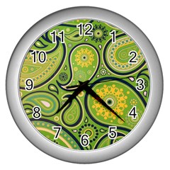 Texture Leaf Pattern Line Green Color Colorful Yellow Circle Ornament Font Art Illustration Design  Wall Clock (silver) by Vaneshart