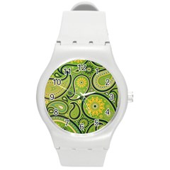 Texture Leaf Pattern Line Green Color Colorful Yellow Circle Ornament Font Art Illustration Design  Round Plastic Sport Watch (m) by Vaneshart