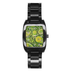 Texture Leaf Pattern Line Green Color Colorful Yellow Circle Ornament Font Art Illustration Design  Stainless Steel Barrel Watch by Vaneshart