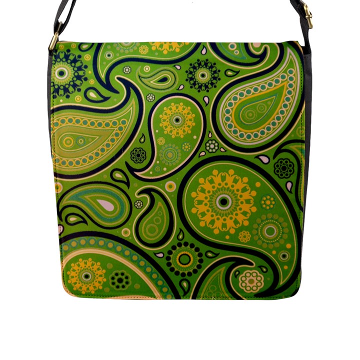 Texture Leaf Pattern Line Green Color Colorful Yellow Circle Ornament Font Art Illustration Design  Flap Closure Messenger Bag (L)