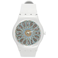 Vintage Flower Floral Pattern Line Tile Circle Art Design Symmetry Mosaic Culture Dome Shape Persian Round Plastic Sport Watch (m) by Vaneshart