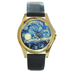 Starry Night Round Gold Metal Watch by Vaneshart