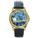 Starry Night Round Gold Metal Watch Front