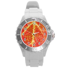 Plant Vineyard Wine Sunlight Texture Leaf Pattern Green Red Color Macro Autumn Circle Vein Sunny  Round Plastic Sport Watch (l) by Vaneshart