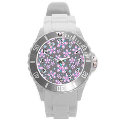 Seamless Pattern Flowers Pink Round Plastic Sport Watch (l) by Wegoenart