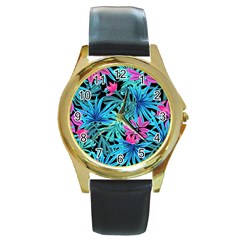 Leaves Picture Tropical Plant Round Gold Metal Watch by Wegoenart