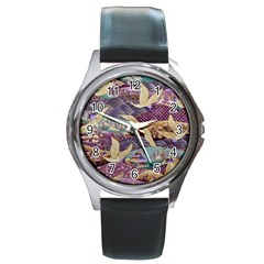 Textile Fabric Cloth Pattern Round Metal Watch by Wegoenart