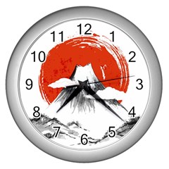 Mount Fuji Mountain Ink Wash Painting Wall Clock (silver) by Vaneshart