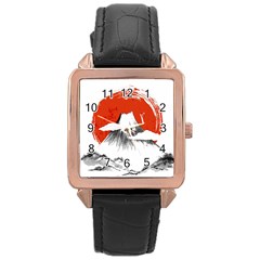 Mount Fuji Mountain Ink Wash Painting Rose Gold Leather Watch  by Vaneshart