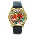 Earthquake And Tsunami Drawing Japan Illustration Round Gold Metal Watch Front