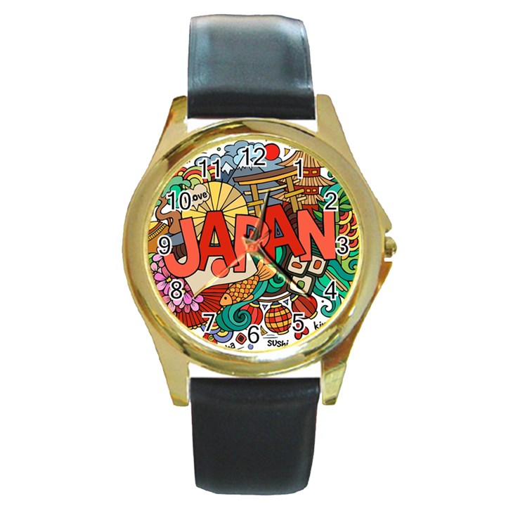 Earthquake And Tsunami Drawing Japan Illustration Round Gold Metal Watch