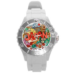 Earthquake And Tsunami Drawing Japan Illustration Round Plastic Sport Watch (L)