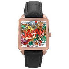 Earthquake And Tsunami Drawing Japan Illustration Rose Gold Leather Watch 