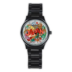 Earthquake And Tsunami Drawing Japan Illustration Stainless Steel Round Watch