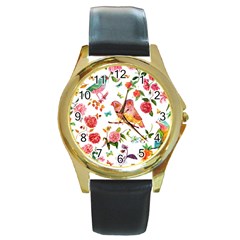 Watercolour Flowers Watercolor Painting Drawing Round Gold Metal Watch by Vaneshart