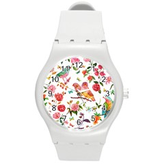 Watercolour Flowers Watercolor Painting Drawing Round Plastic Sport Watch (m) by Vaneshart