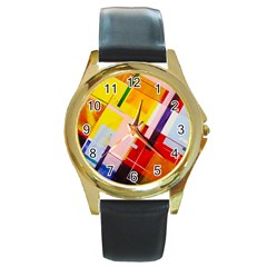 Abstract Lines Shapes Colorful Round Gold Metal Watch by Vaneshart