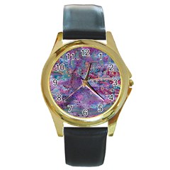 Stains Circles Watercolor Colorful Abstract Round Gold Metal Watch by Vaneshart