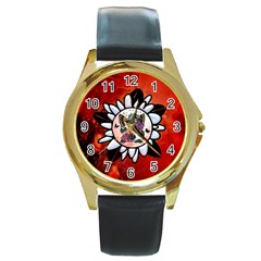 Wonderful Fairy With Butterflies And Roses Round Gold Metal Watch