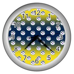 English Breakfast Yellow Pattern Blue Ombre Wall Clock (silver) by snowwhitegirl