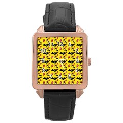 Bat Rose Lips Yellow Pattern Rose Gold Leather Watch  by snowwhitegirl