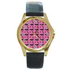 Bat Rose Lips Pink Pattern Round Gold Metal Watch by snowwhitegirl