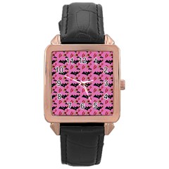 Bat Rose Lips Pink Pattern Rose Gold Leather Watch 