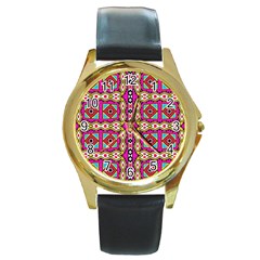 Red Rhombus And Other Shapes                                             Round Gold Metal Watch by LalyLauraFLM