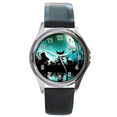 Litte Fairy With Deer In The Night Round Metal Watch by FantasyWorld7