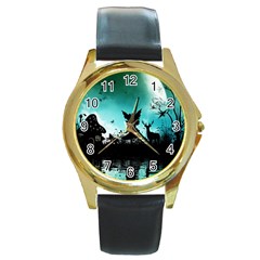 Litte Fairy With Deer In The Night Round Gold Metal Watch by FantasyWorld7