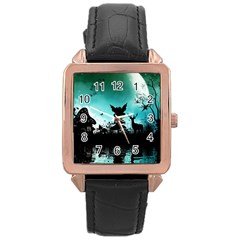 Litte Fairy With Deer In The Night Rose Gold Leather Watch  by FantasyWorld7