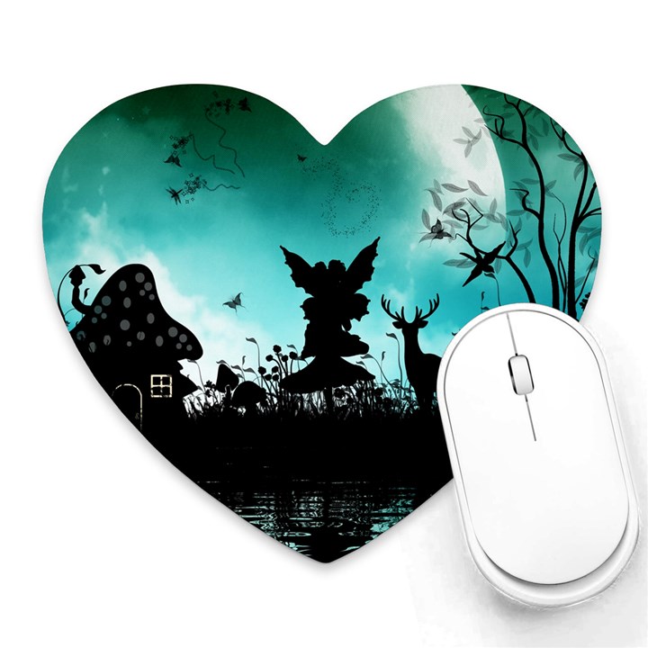 Litte Fairy With Deer In The Night Heart Mousepads