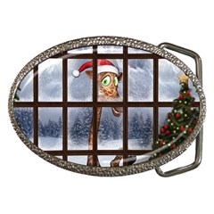 Funny Giraffe  With Christmas Hat Looks Through The Window Belt Buckles by FantasyWorld7