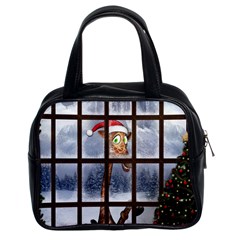 Funny Giraffe  With Christmas Hat Looks Through The Window Classic Handbag (two Sides) by FantasyWorld7