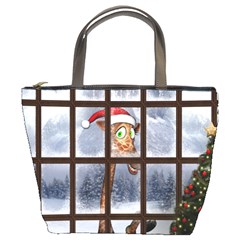 Funny Giraffe  With Christmas Hat Looks Through The Window Bucket Bag by FantasyWorld7