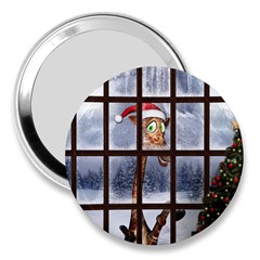 Funny Giraffe  With Christmas Hat Looks Through The Window 3  Handbag Mirrors by FantasyWorld7