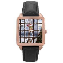 Funny Giraffe  With Christmas Hat Looks Through The Window Rose Gold Leather Watch  by FantasyWorld7