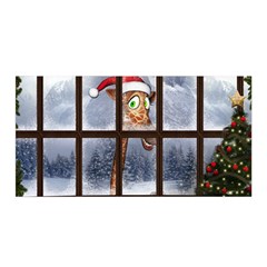 Funny Giraffe  With Christmas Hat Looks Through The Window Satin Wrap by FantasyWorld7