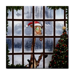 Funny Giraffe  With Christmas Hat Looks Through The Window Tile Coaster by FantasyWorld7