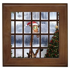 Funny Giraffe  With Christmas Hat Looks Through The Window Framed Tile by FantasyWorld7