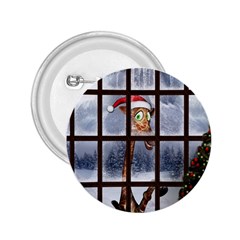 Funny Giraffe  With Christmas Hat Looks Through The Window 2 25  Buttons by FantasyWorld7