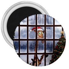 Funny Giraffe  With Christmas Hat Looks Through The Window 3  Magnets by FantasyWorld7