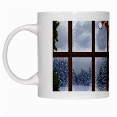 Funny Giraffe  With Christmas Hat Looks Through The Window White Mugs by FantasyWorld7