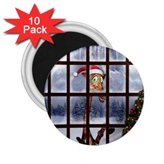 Funny Giraffe  With Christmas Hat Looks Through The Window 2 25  Magnets (10 Pack)  by FantasyWorld7